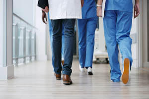 Medical professionals in the hospital walking