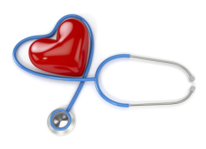 A red heart and blue stethoscope arranged together, symbolizing heart health and medical care, on a white background.