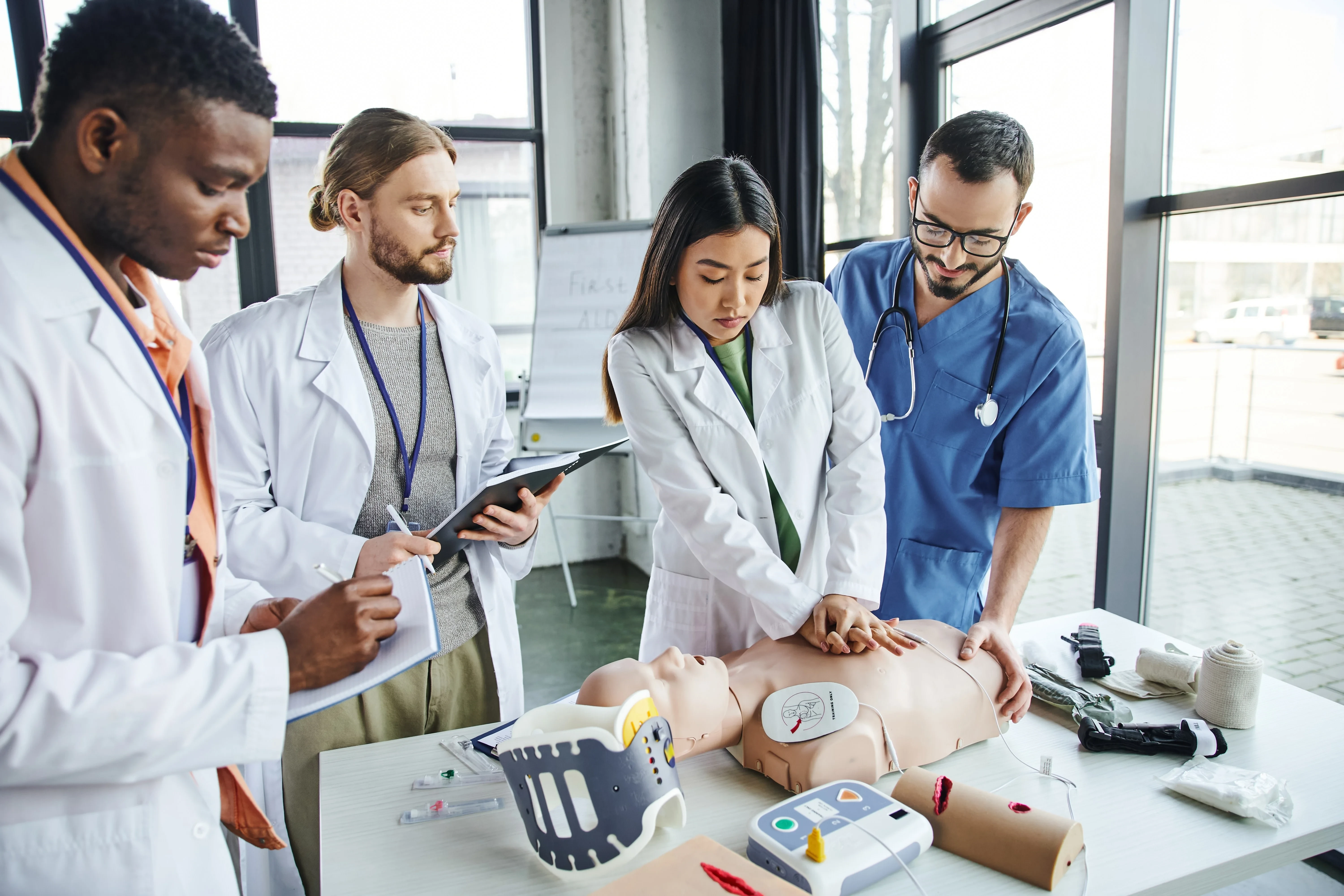 Four healthcare professionals in a classroom practicing CPR and AED use on a training manikin