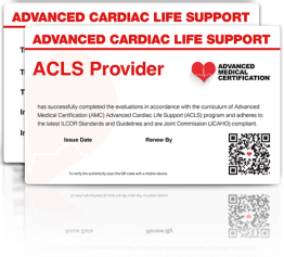 Two Advanced Cardiac Life Support provider cards from Advanced Medical Certification, featuring a red heart logo, QR codes, and certification details.