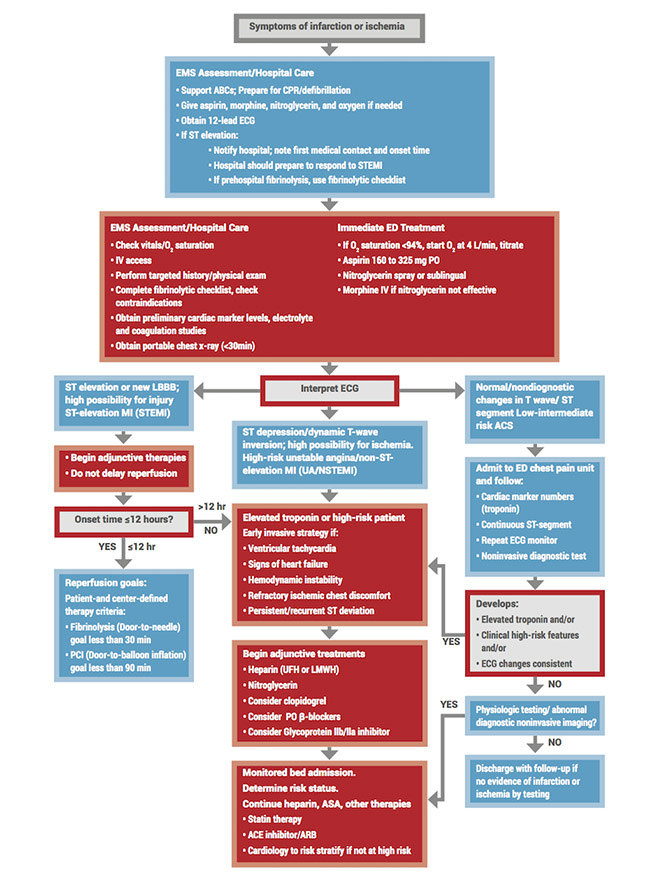 Flowchart outlining the assessment and treatment steps for suspected acute coronary syndrome, including EMS care, ECG interpretation, and risk-based management pathways.