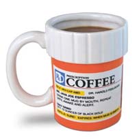 Coffee mug designed to look like a prescription pill bottle, filled with coffee, featuring a humorous prescription label for coffee.