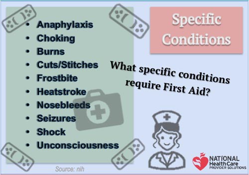List of specific medical conditions requiring first aid, including anaphylaxis, choking, burns, cuts, frostbite, heatstroke, nosebleeds, seizures, shock, and unconsciousness.
