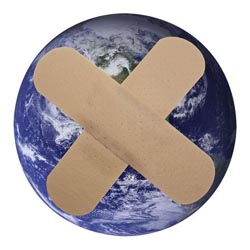 Planet Earth with two crossed band-aids on its surface, symbolizing healing or environmental protection.
