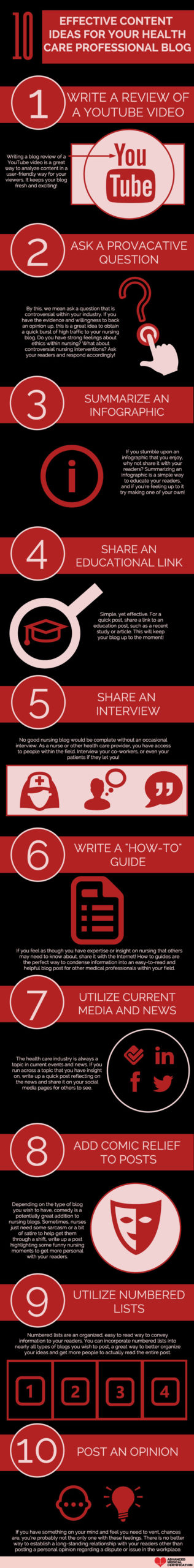 Infographic listing 10 effective content ideas for healthcare professional blogs, including YouTube reviews, provocative questions, guides, interviews, educational links, and current news.