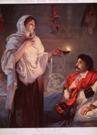 A woman holding a lamp stands beside a seated wounded man covered in a red blanket, with British flags and beds in the background.