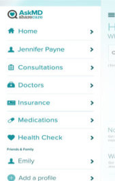 Mobile app menu for AskMD showing options like Home, Consultations, Doctors, Insurance, Medications, Health Check, and user profiles.