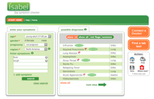 Screenshot of Isabel symptom checker showing fields for age, gender, pregnancy, region, and symptoms, with possible diagnoses and options to contact a doctor or find a lab test.