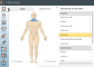 Medical app interface showing a human avatar with the neck highlighted and a list of common and less common neck symptoms, including sore throat and neck mass.