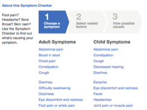 Symptom checker interface showing step 1: choose a symptom, with lists of common adult and child symptoms such as abdominal pain, cough, dizziness, and fever.