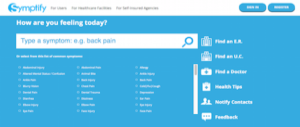 Symptify website homepage showing a symptom search bar, common symptoms list, and options to find care, health tips, notify contacts, and give feedback.