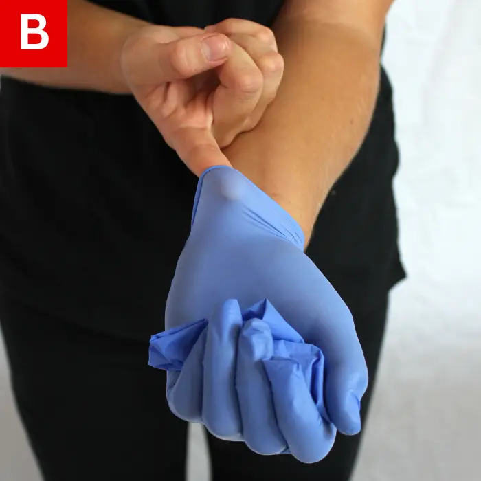 Figure 2b placing the glove in the palm of the other gloved hand