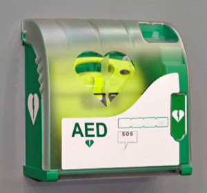 Wall-mounted automated external defibrillator (AED) in a green and white case, designed for emergency cardiac situations.