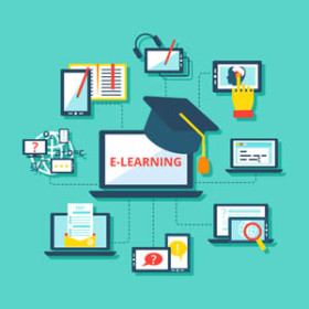 Illustration of e-learning with connected digital devices, a graduation cap, and educational icons on a turquoise background, representing online education and virtual classrooms.