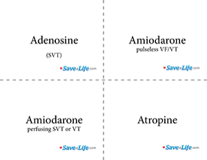 Four quadrants showing emergency drugs: Adenosine (SVT), Amiodarone (pulseless VF/VT), Amiodarone (perfusing SVT or VT), and Atropine, with Save-Life.com branding.