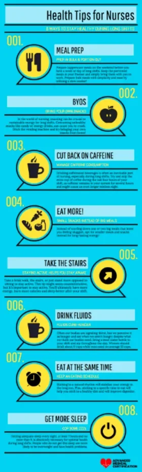 infographic describing eight things nurses can do to stay healthy