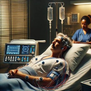 Man in a hospital bed connected to medical monitoring devices, with a nurse working nearby and medical equipment visible in the background.