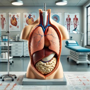 Anatomical model of human torso showing internal organs such as lungs, heart, liver, and intestines in a medical examination room with charts and equipment.