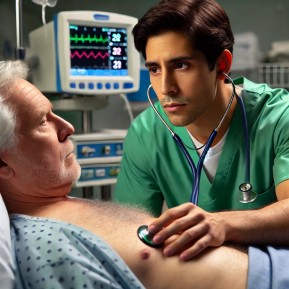 Young healthcare professional in green scrubs uses a stethoscope to examine the chest of an older male patient in a hospital room with monitoring equipment in the background.