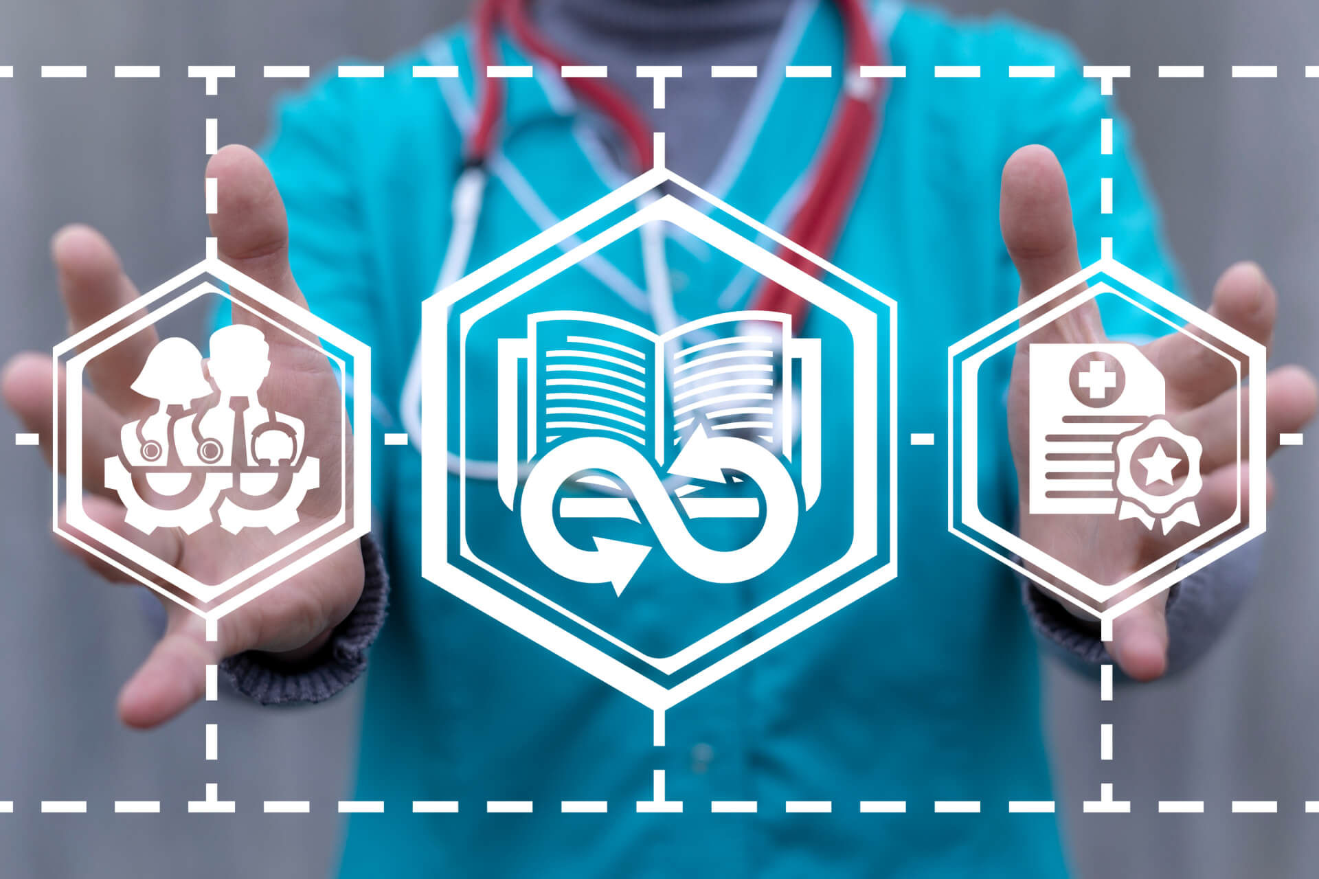  a symbolic illustration of continuation with images of an infinity then a book, a certification, and two heads linked together each inside a hexagon
