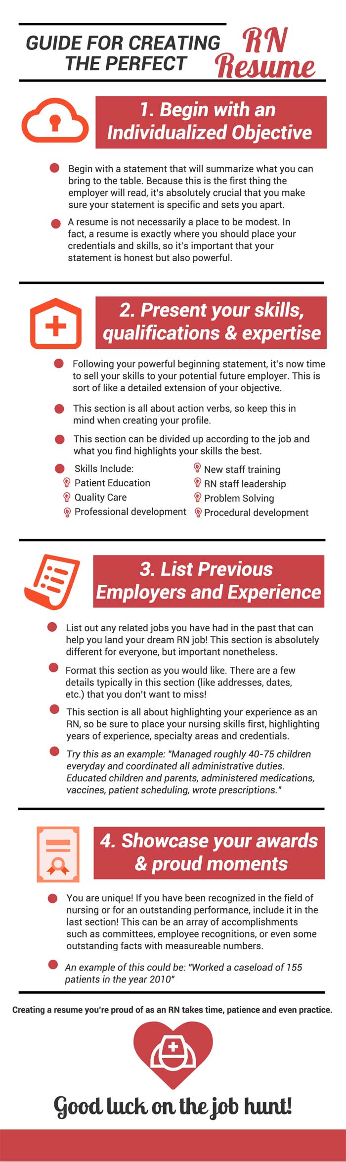 infographic detailing how to create the most successful resume to land a job as a Registered Nurse