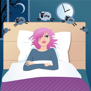 funny illustration of woman in bad can't sleep