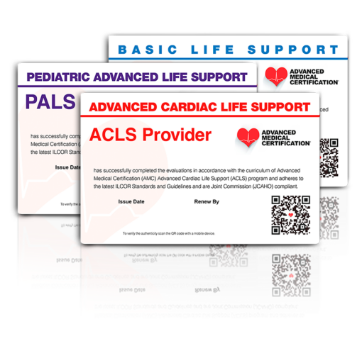 AMC ACLS, PALS, BLS bundle provider card front with drop reflection