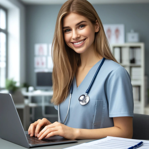 Female Doctor Filling Out Customer Feedback Form on Laptop