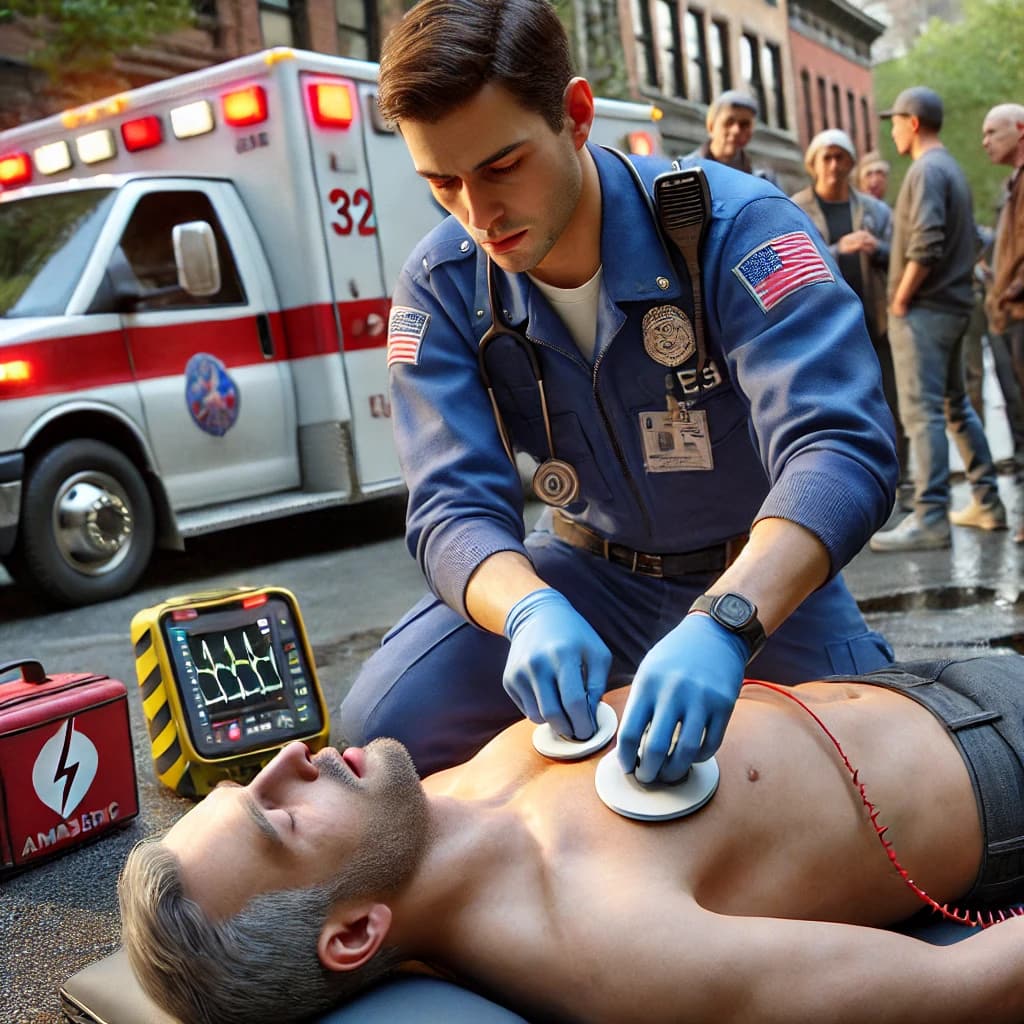 Paramedic using AED on a patient 