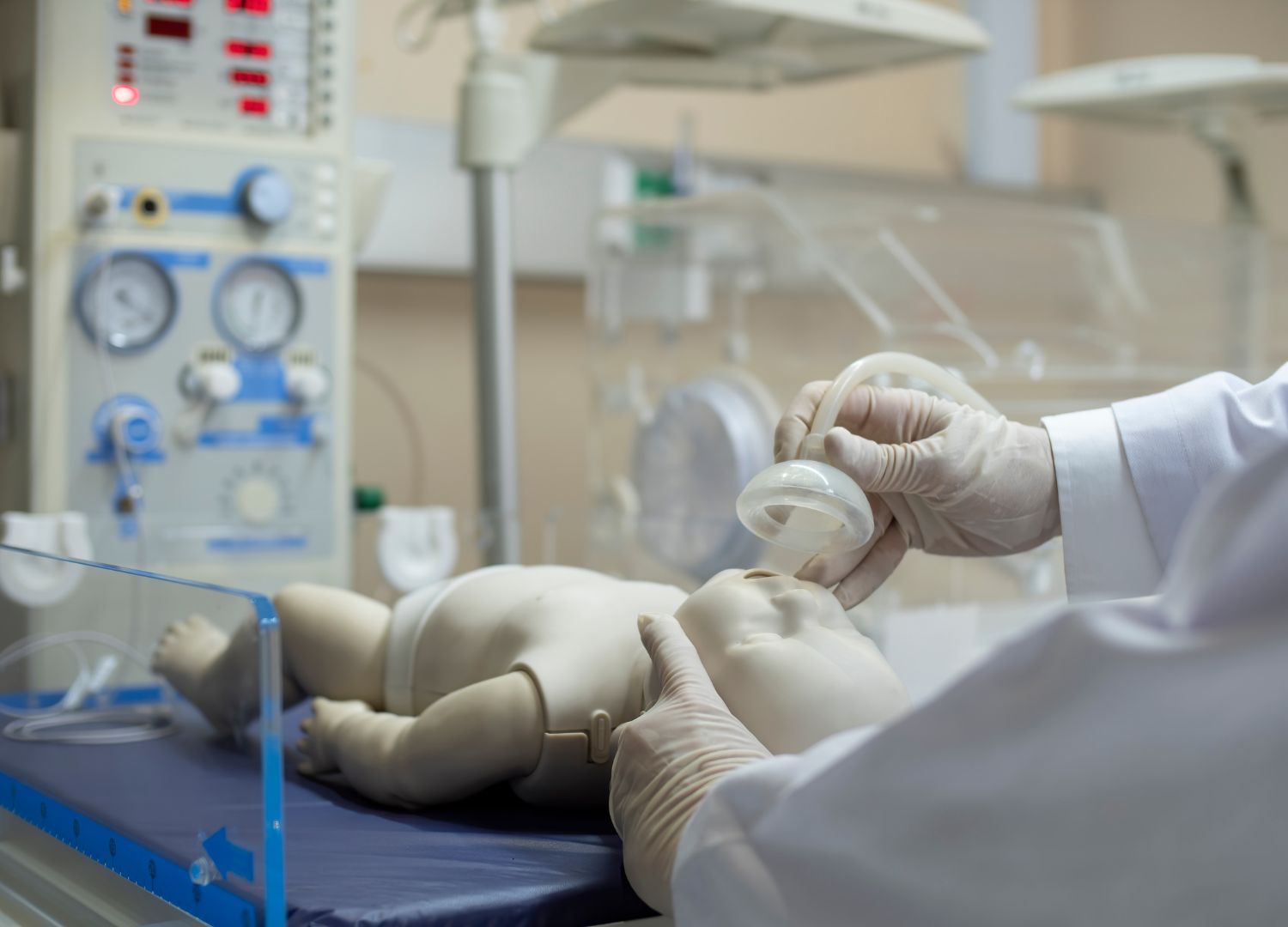 Healthcare professional performing resuscitation techniques on an infant manikin during a PALS training session.