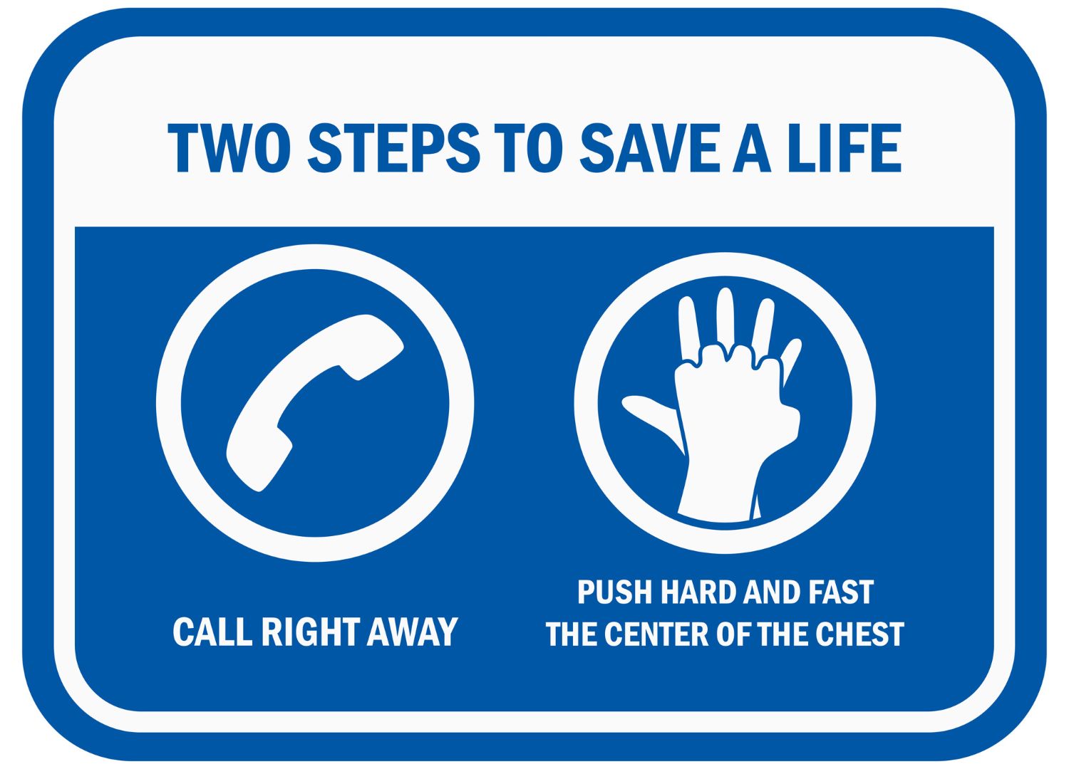 Illustration showing two steps to save a life: call emergency services and perform chest compressions.