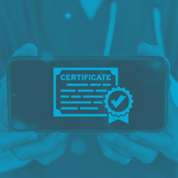 A smartphone screen displays an icon of certificate and a healthcare professional is holding it up with two hands to signify being certified with ACLS/BLS or PLAS.