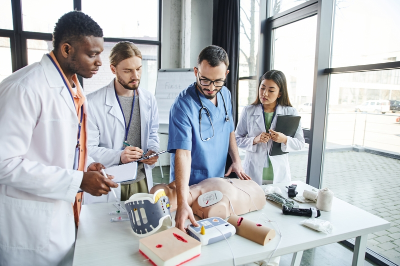 Medical students train and study about_about_life-support-skills_surround_a_table_with_a_dummy_patient and acls bls pals device on the table